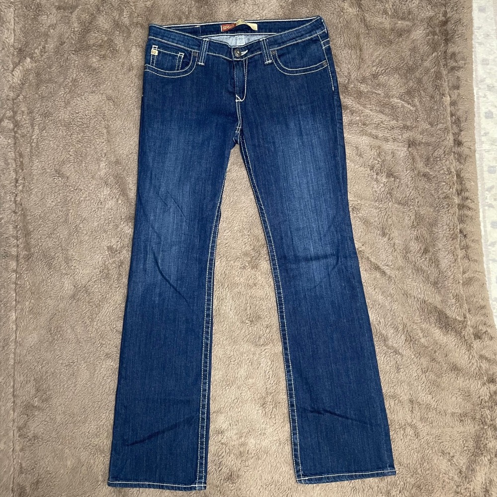 Big Star Remy Low Rise Flare Jeans Dark Wash Contrast Y2K Sequin Pockets 31L